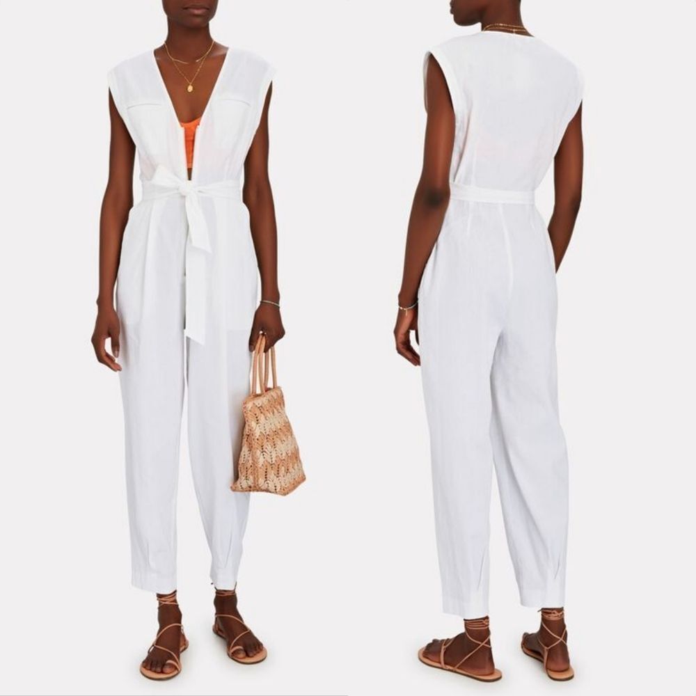INTERMIX Gwen Tie Front Linen Blend Sleeveless Tailored Pleat Jumpsuit in White
